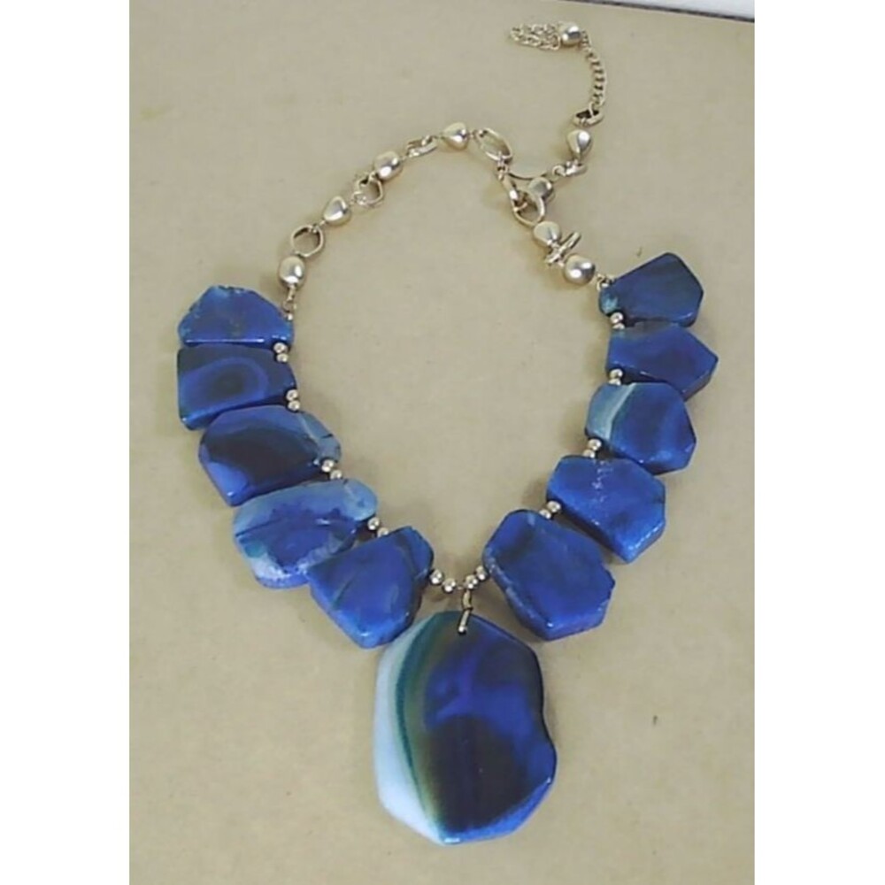 Chico's statement blue agate bib stone jewelry brass coated necklace